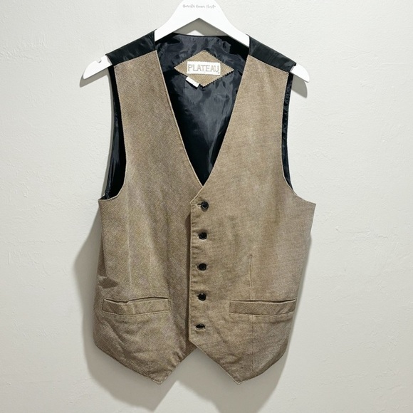Vintage PLATEAU Men’s Brown Black Houndstooth Print Suede Leather Vest Size M - Picture 1 of 8